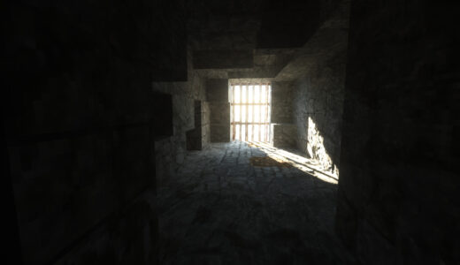 Minecraft SEUS PTGI HRR 暗い洞窟の入り口から光が差し込んでいる画像