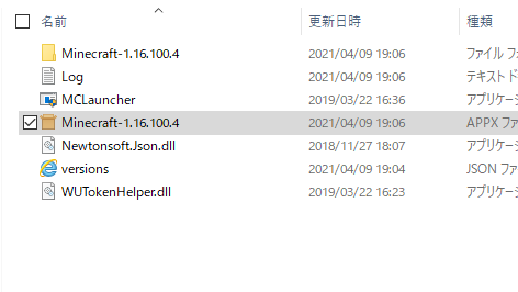 マインクラフト1.16.100.4 ファイル確認画面