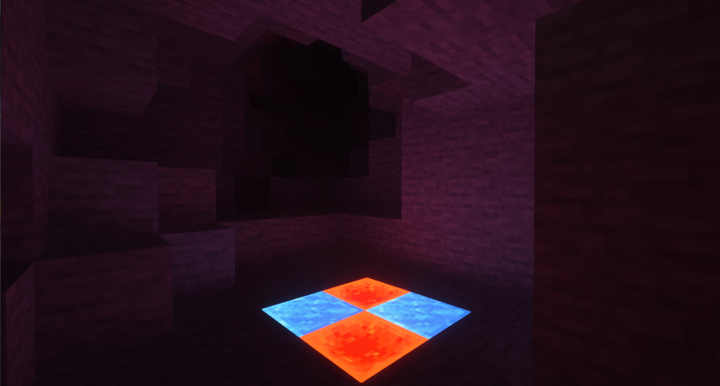 Minecraft SEUS PTGI　ラピスラズリ、レッドストーンブロックが洞窟で独自の光源を発している画像