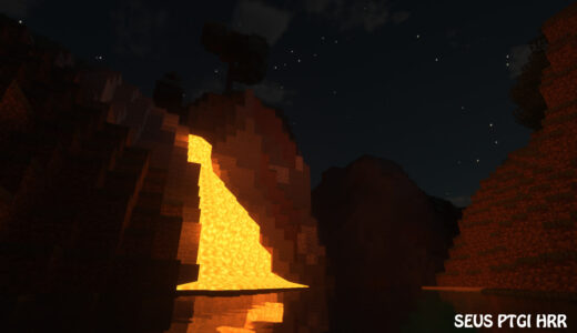 Minecraft SEUS PTGI　暗闇で溶岩が流れる画像