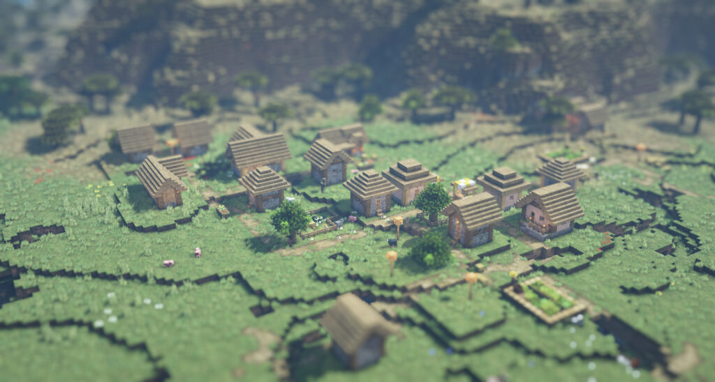 Minecraft　平原の村を上空から見た画像