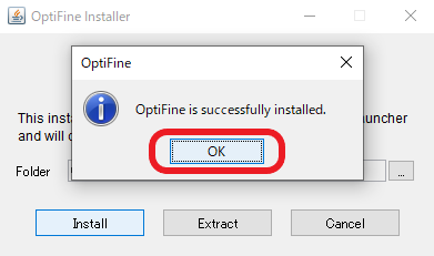 OptiFine 1.16.5 インストール完了の画像