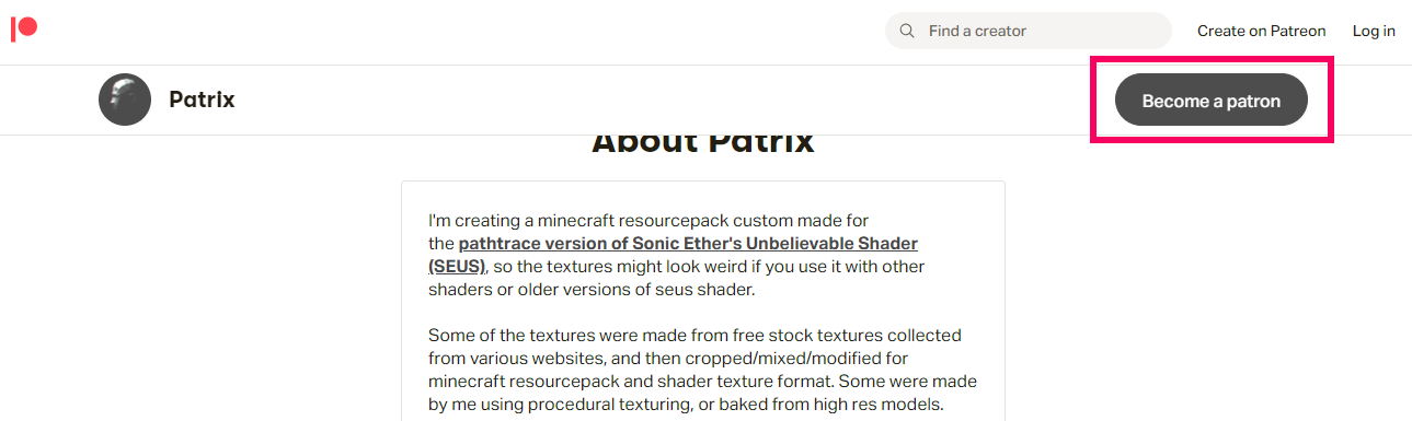 Patrix resourcepacksのPatreonサイトの登録画面の画像
