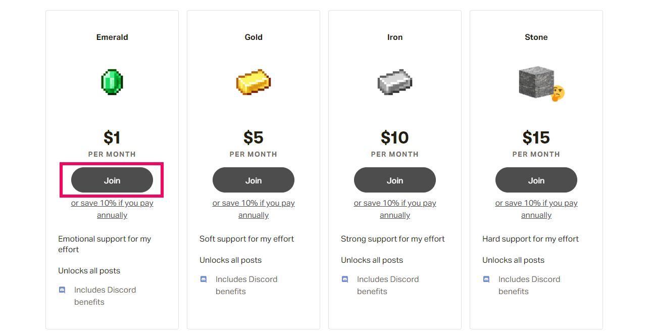 Patrix resourcepacksのPatreonサイトの支払金額の選択画面の画像