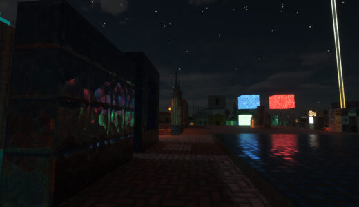 Minecraft　暗闇で鉱石の光が地面や壁に反射した画像
