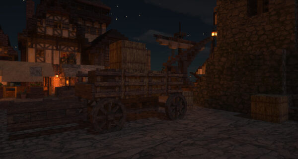 Minecraft　夜の市場に止めてある荷車の画像