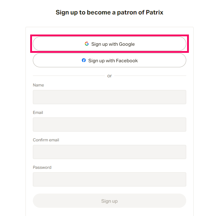 Patrix resourcepacksのPatreonサイトの登録画面の画像