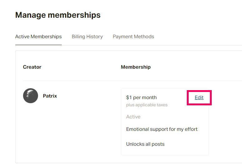 Patrix resourcepacksのPatreonサイトのメンバーシップ管理画面の画像