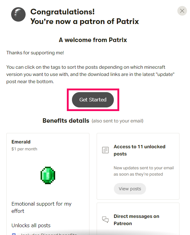 Patrix resourcepacksのPatreon手続き完了画面の画像
