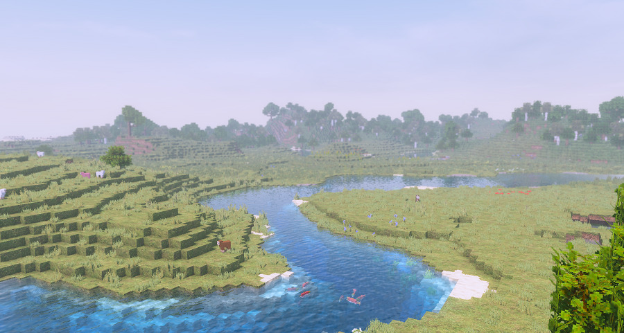 Minecraft　KUDAシェーダーでの平原を流れる川の風景の画像