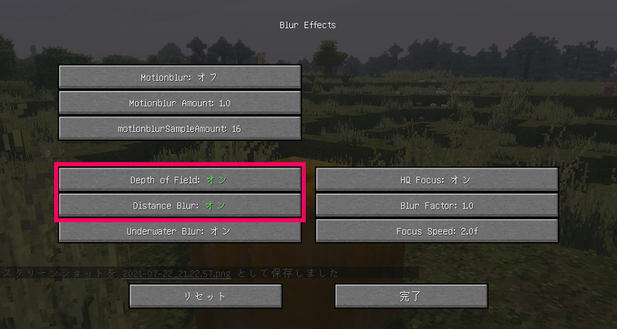 Minecraft　シェーダーのオプション設定＞Effects＞Blur Effectsの画像②