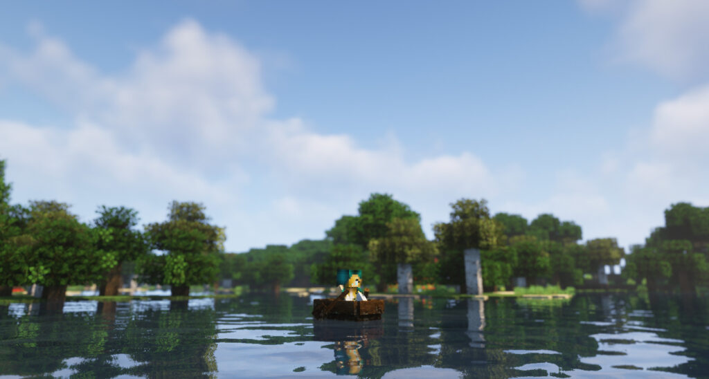 マインクラフト　林の中の水辺をボートで漕いでいる画像