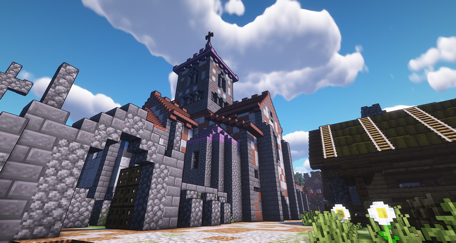 Minecraft　影MODを入れた教会の外観の画像